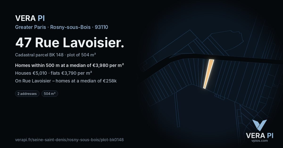 47 Rue Lavoisier, Rosny-sous-Bois at night – the plot lit, the parcels around coloured by the prices near them