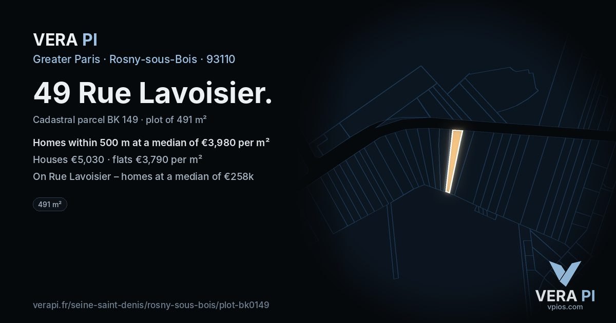 49 Rue Lavoisier, Rosny-sous-Bois at night – the plot lit, the parcels around coloured by the prices near them