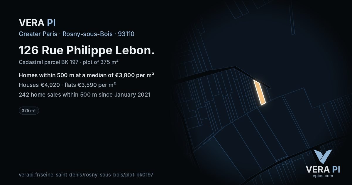 126 Rue Philippe Lebon, Rosny-sous-Bois at night – the plot lit, the parcels around coloured by the prices near them