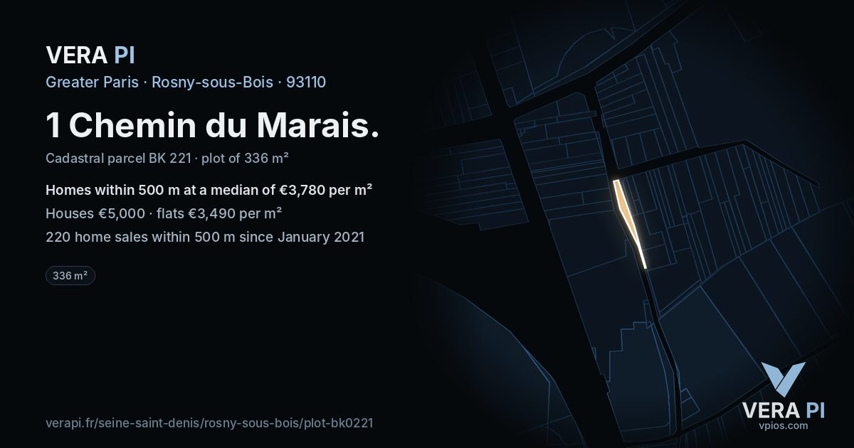 1 Chemin du Marais, Rosny-sous-Bois at night – the plot lit, the parcels around coloured by the prices near them