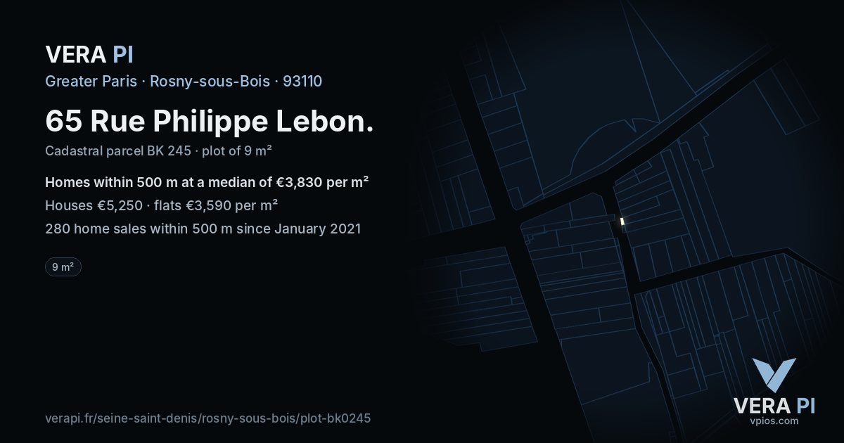 65 Rue Philippe Lebon, Rosny-sous-Bois at night – the plot lit, the parcels around coloured by the prices near them