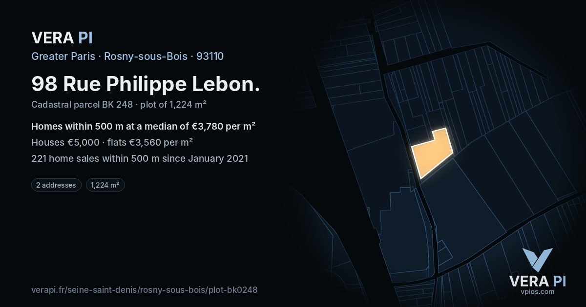 98 Rue Philippe Lebon, Rosny-sous-Bois at night – the plot lit, the parcels around coloured by the prices near them
