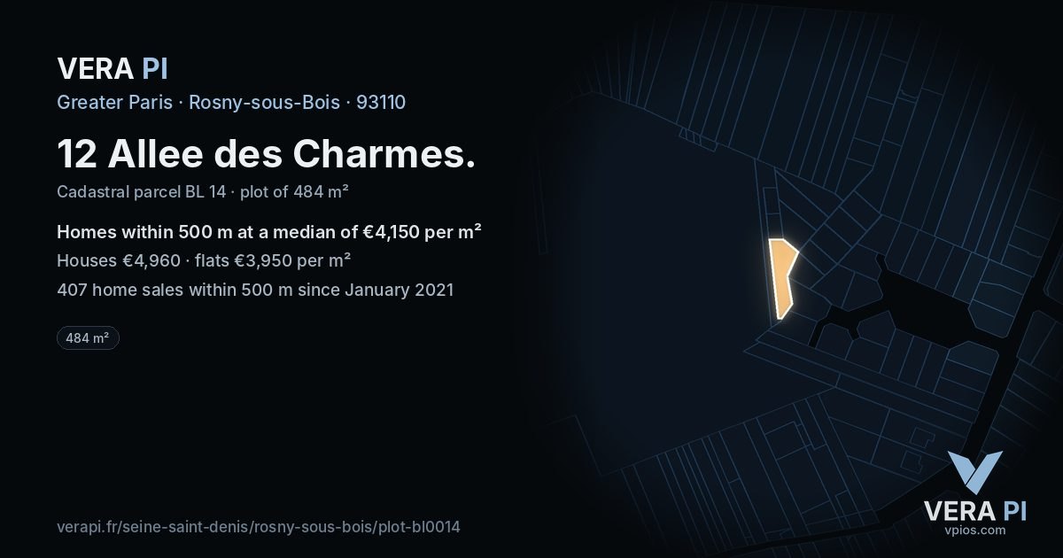 12 Allee des Charmes, Rosny-sous-Bois at night – the plot lit, the parcels around coloured by the prices near them