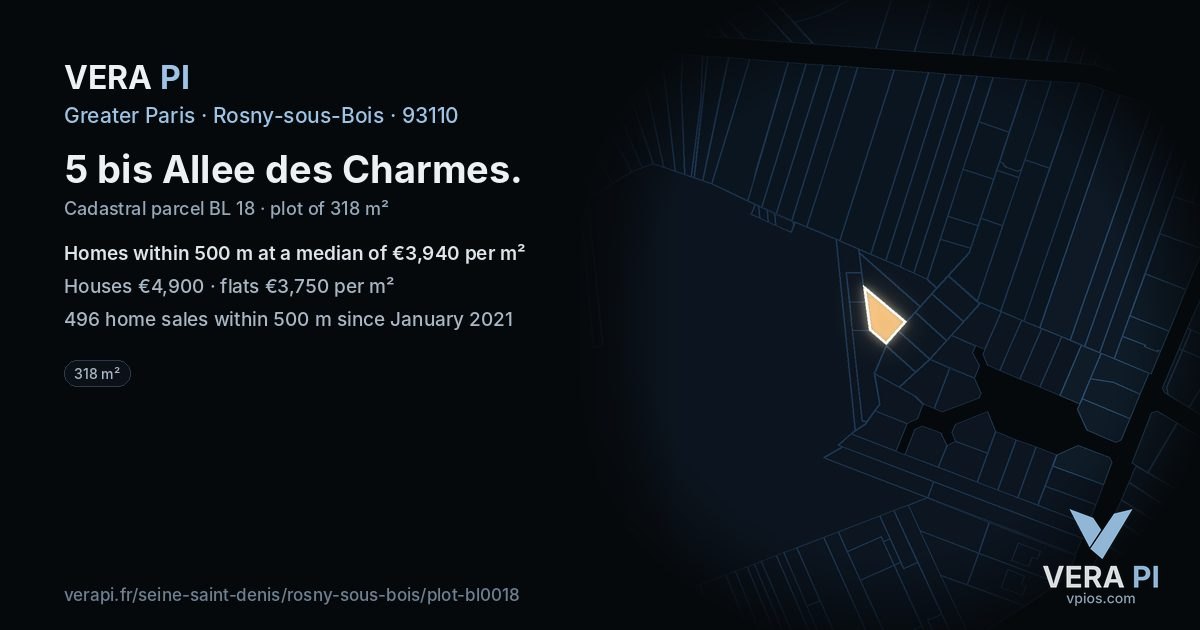 5 bis Allee des Charmes, Rosny-sous-Bois at night – the plot lit, the parcels around coloured by the prices near them