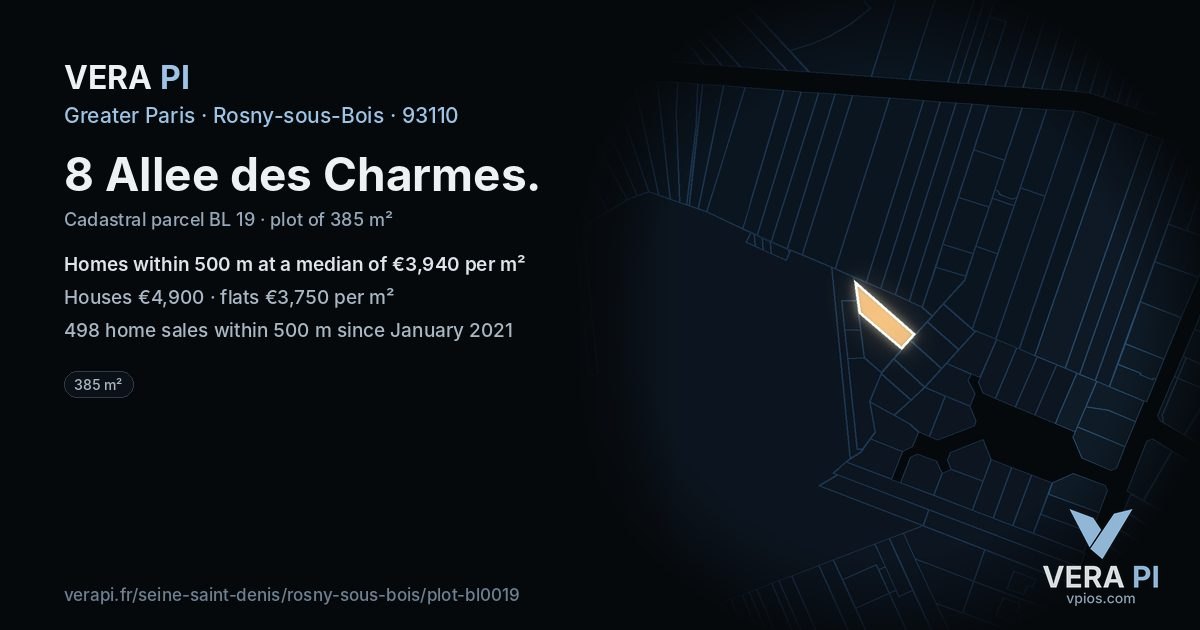 8 Allee des Charmes, Rosny-sous-Bois at night – the plot lit, the parcels around coloured by the prices near them