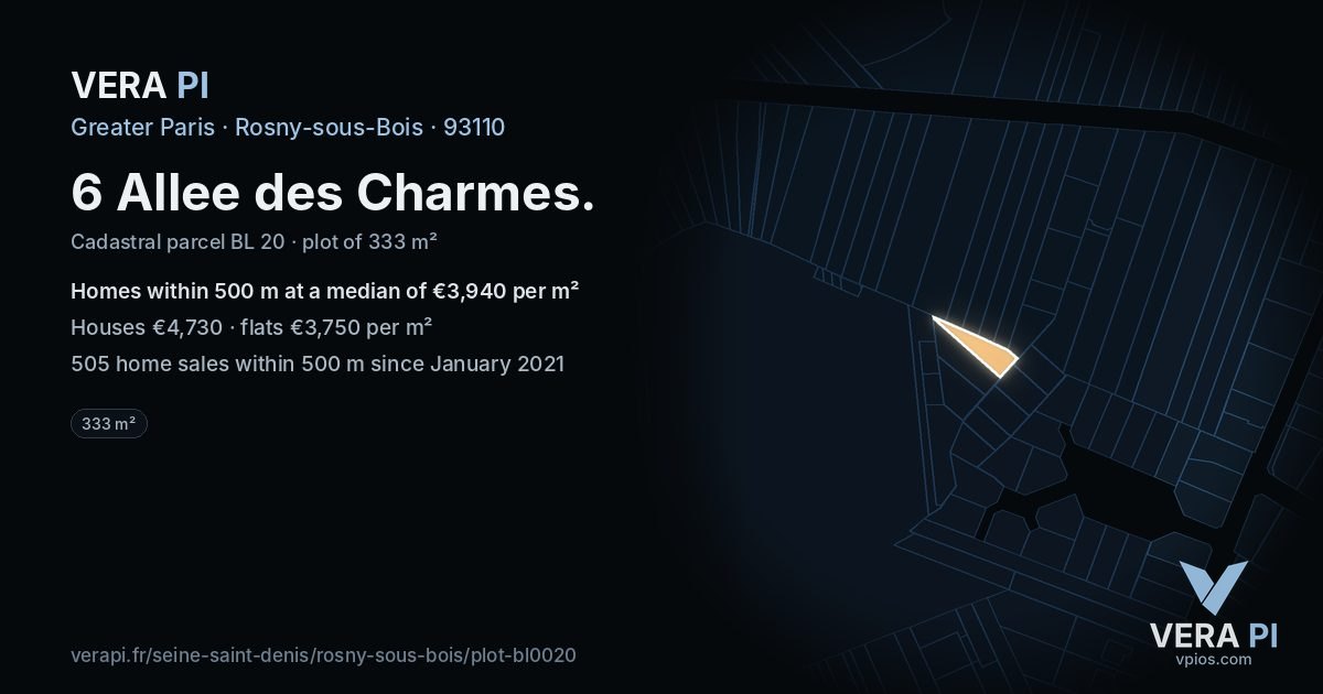 6 Allee des Charmes, Rosny-sous-Bois at night – the plot lit, the parcels around coloured by the prices near them