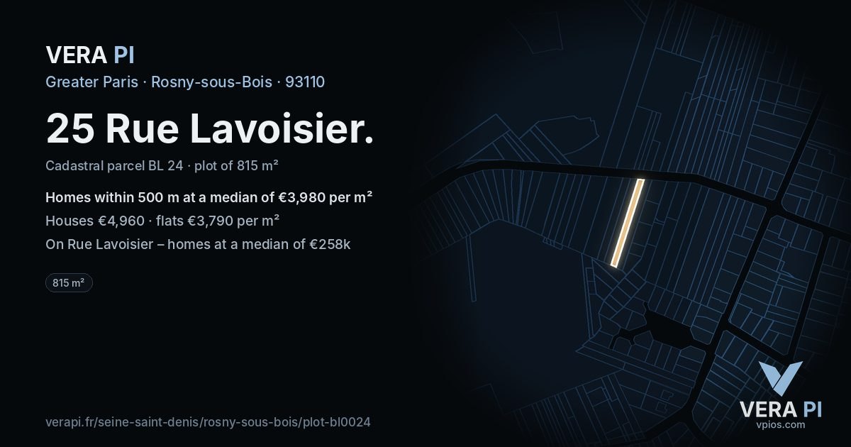 25 Rue Lavoisier, Rosny-sous-Bois at night – the plot lit, the parcels around coloured by the prices near them