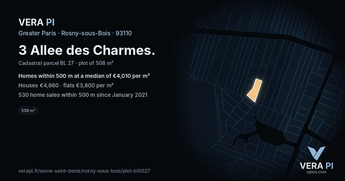 3 Allee des Charmes, Rosny-sous-Bois at night – the plot lit, the parcels around coloured by the prices near them