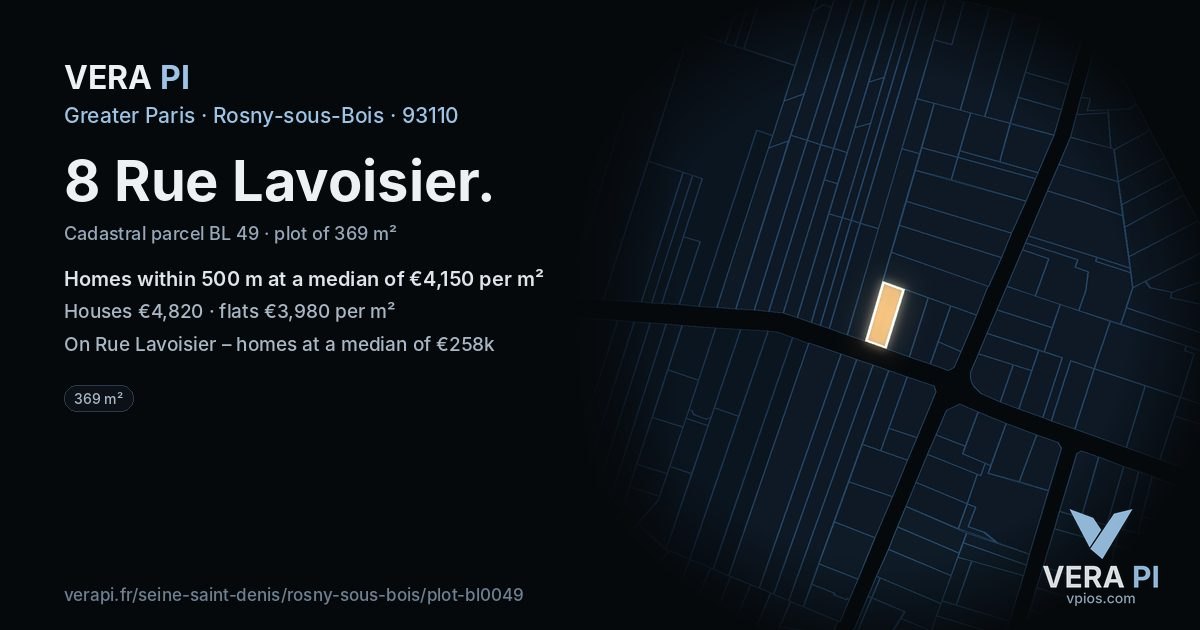 8 Rue Lavoisier, Rosny-sous-Bois at night – the plot lit, the parcels around coloured by the prices near them