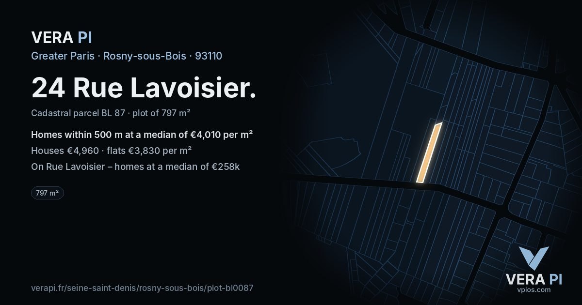 24 Rue Lavoisier, Rosny-sous-Bois at night – the plot lit, the parcels around coloured by the prices near them