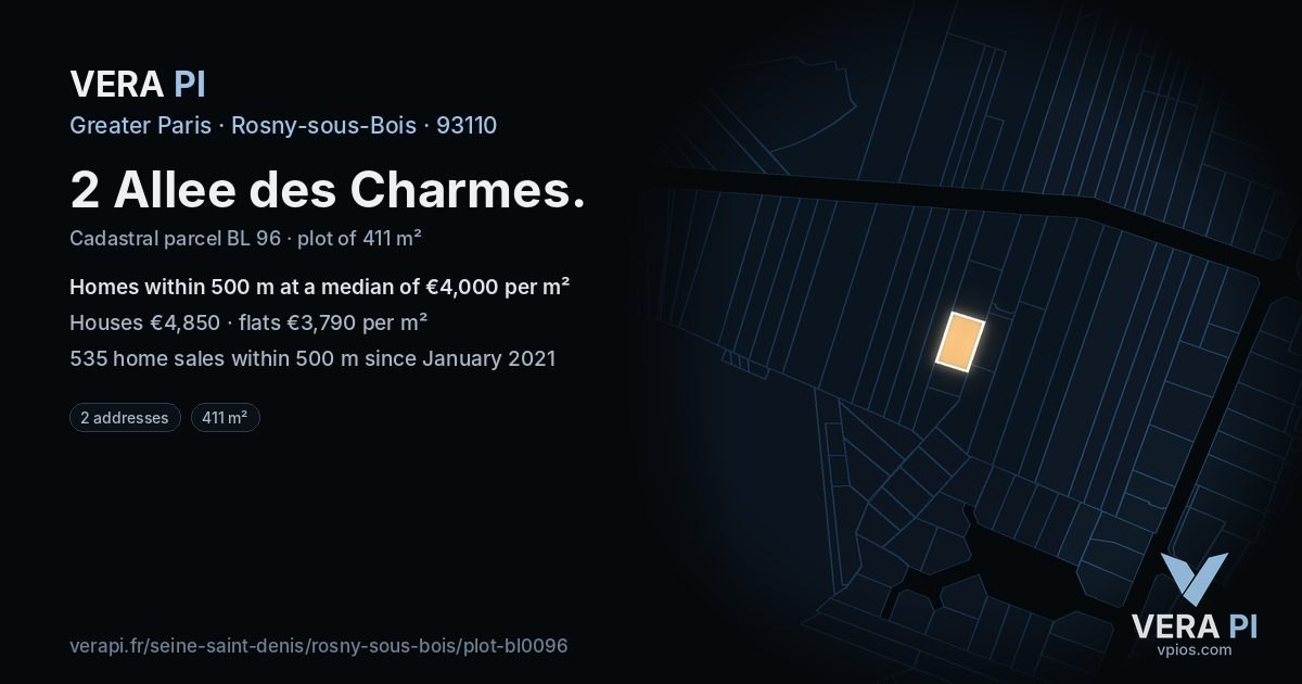 2 Allee des Charmes, Rosny-sous-Bois at night – the plot lit, the parcels around coloured by the prices near them