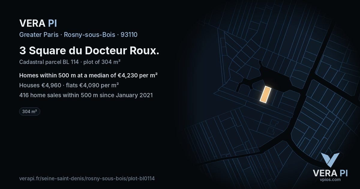 3 Square du Docteur Roux, Rosny-sous-Bois at night – the plot lit, the parcels around coloured by the prices near them
