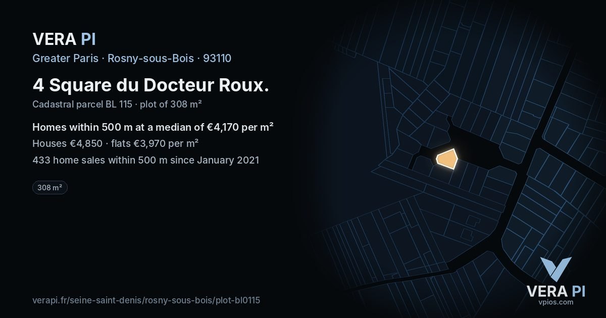 4 Square du Docteur Roux, Rosny-sous-Bois at night – the plot lit, the parcels around coloured by the prices near them