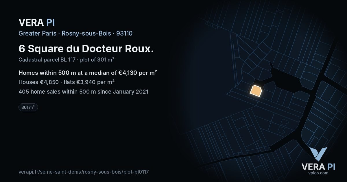 6 Square du Docteur Roux, Rosny-sous-Bois at night – the plot lit, the parcels around coloured by the prices near them