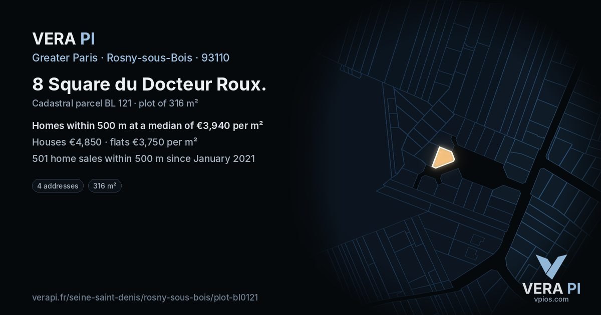 8 Square du Docteur Roux, Rosny-sous-Bois at night – the plot lit, the parcels around coloured by the prices near them