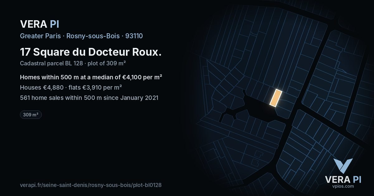 17 Square du Docteur Roux, Rosny-sous-Bois at night – the plot lit, the parcels around coloured by the prices near them