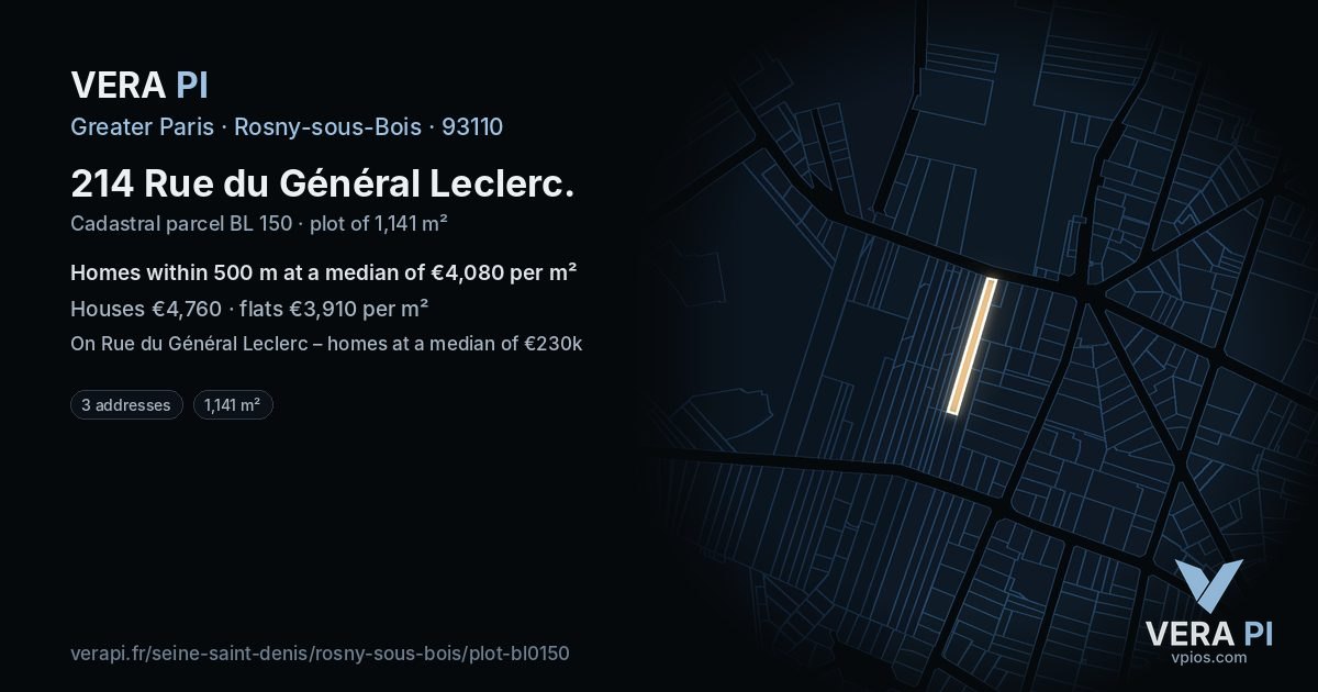214 Rue du Général Leclerc, Rosny-sous-Bois at night – the plot lit, the parcels around coloured by the prices near them