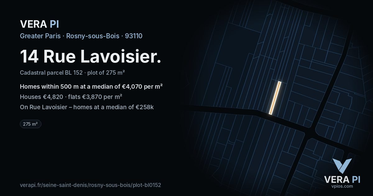 14 Rue Lavoisier, Rosny-sous-Bois at night – the plot lit, the parcels around coloured by the prices near them