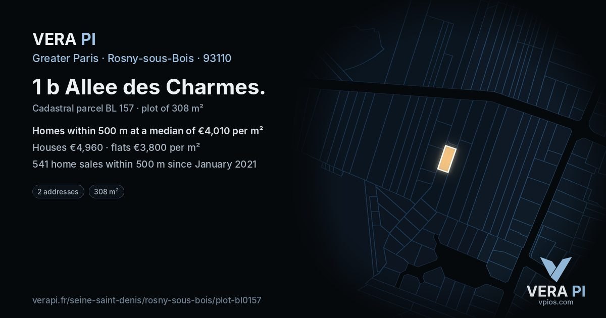 1 b Allee des Charmes, Rosny-sous-Bois at night – the plot lit, the parcels around coloured by the prices near them