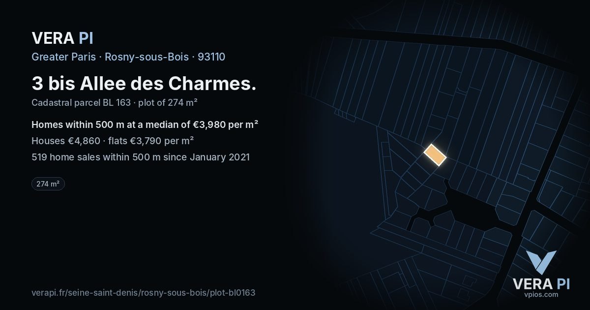 3 bis Allee des Charmes, Rosny-sous-Bois at night – the plot lit, the parcels around coloured by the prices near them