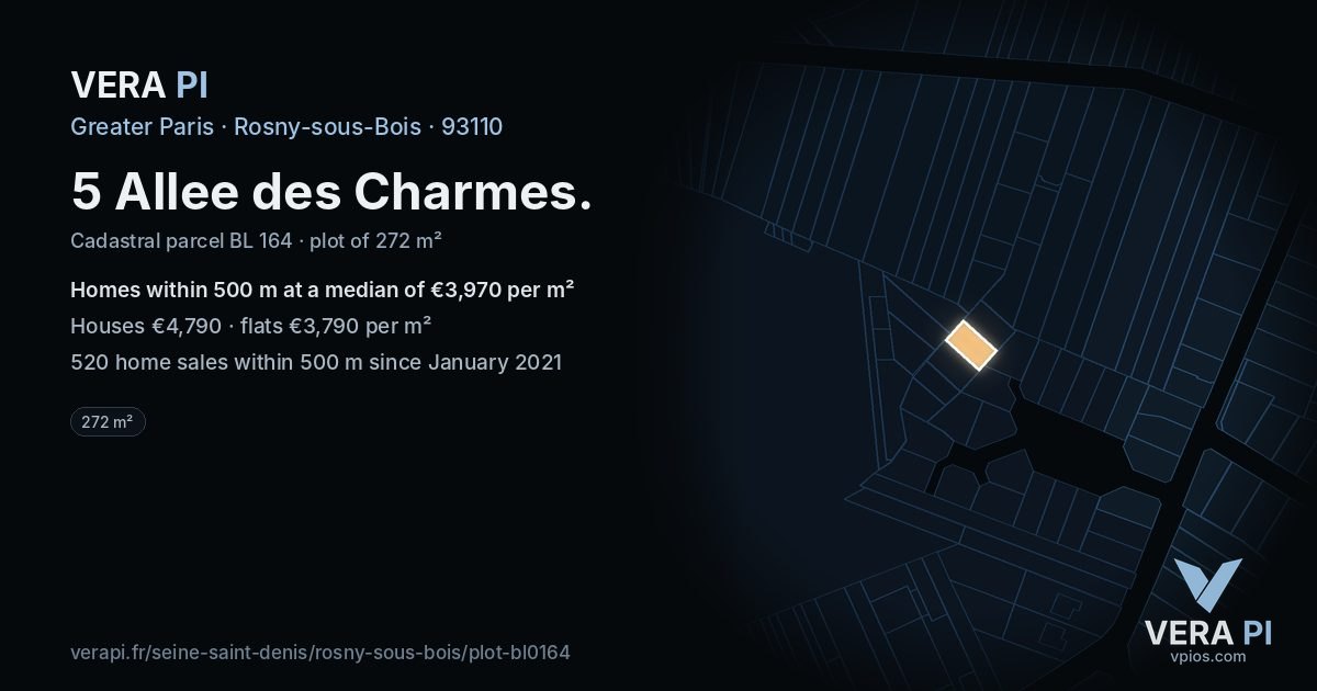 5 Allee des Charmes, Rosny-sous-Bois at night – the plot lit, the parcels around coloured by the prices near them