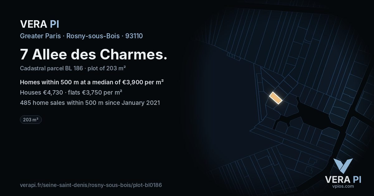 7 Allee des Charmes, Rosny-sous-Bois at night – the plot lit, the parcels around coloured by the prices near them