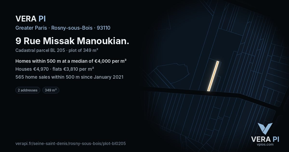 9 Rue Missak Manoukian, Rosny-sous-Bois at night – the plot lit, the parcels around coloured by the prices near them