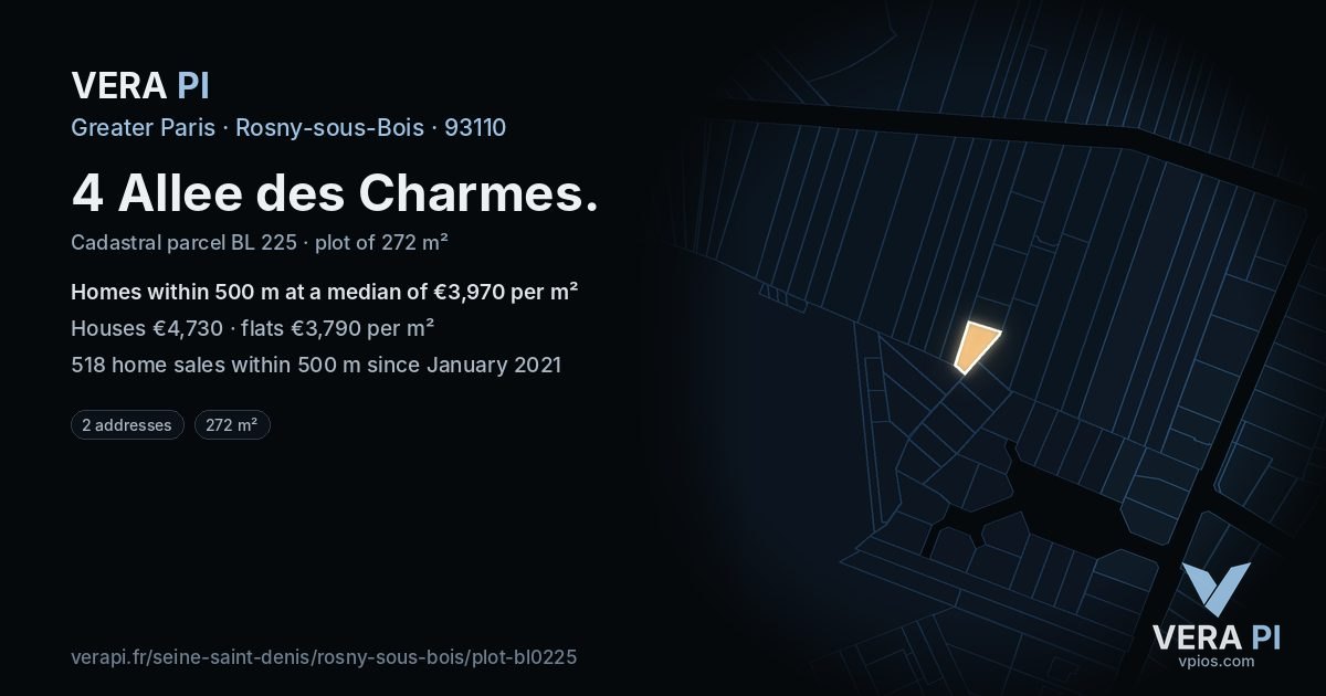4 Allee des Charmes, Rosny-sous-Bois at night – the plot lit, the parcels around coloured by the prices near them