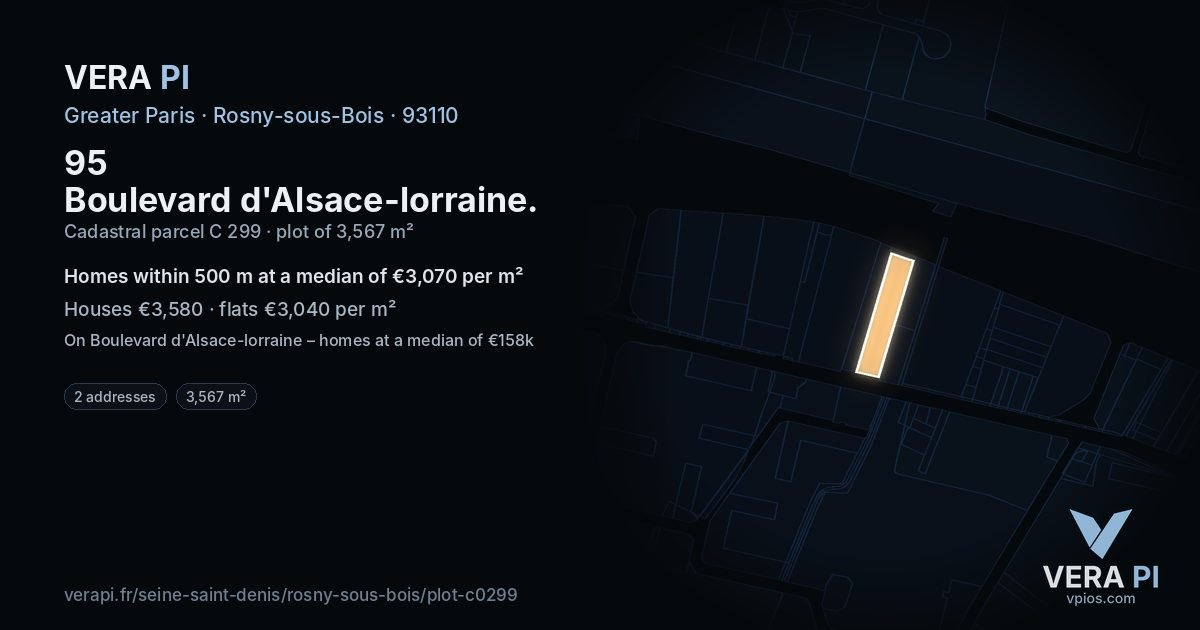 95 Boulevard d'Alsace-lorraine, Rosny-sous-Bois at night – the plot lit, the parcels around coloured by the prices near them