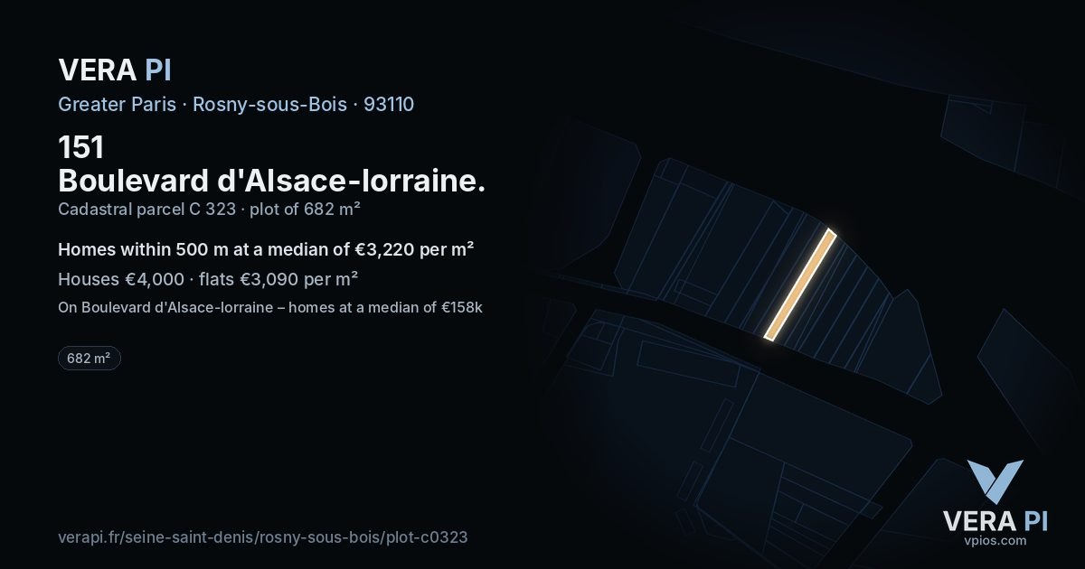 151 Boulevard d'Alsace-lorraine, Rosny-sous-Bois at night – the plot lit, the parcels around coloured by the prices near them