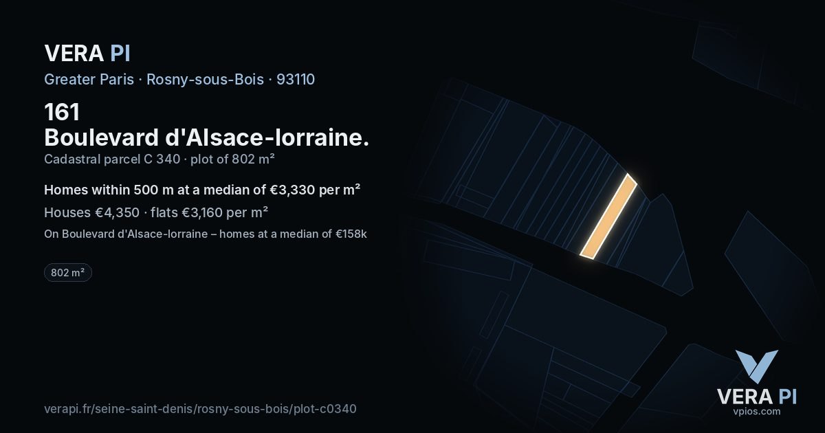 161 Boulevard d'Alsace-lorraine, Rosny-sous-Bois at night – the plot lit, the parcels around coloured by the prices near them