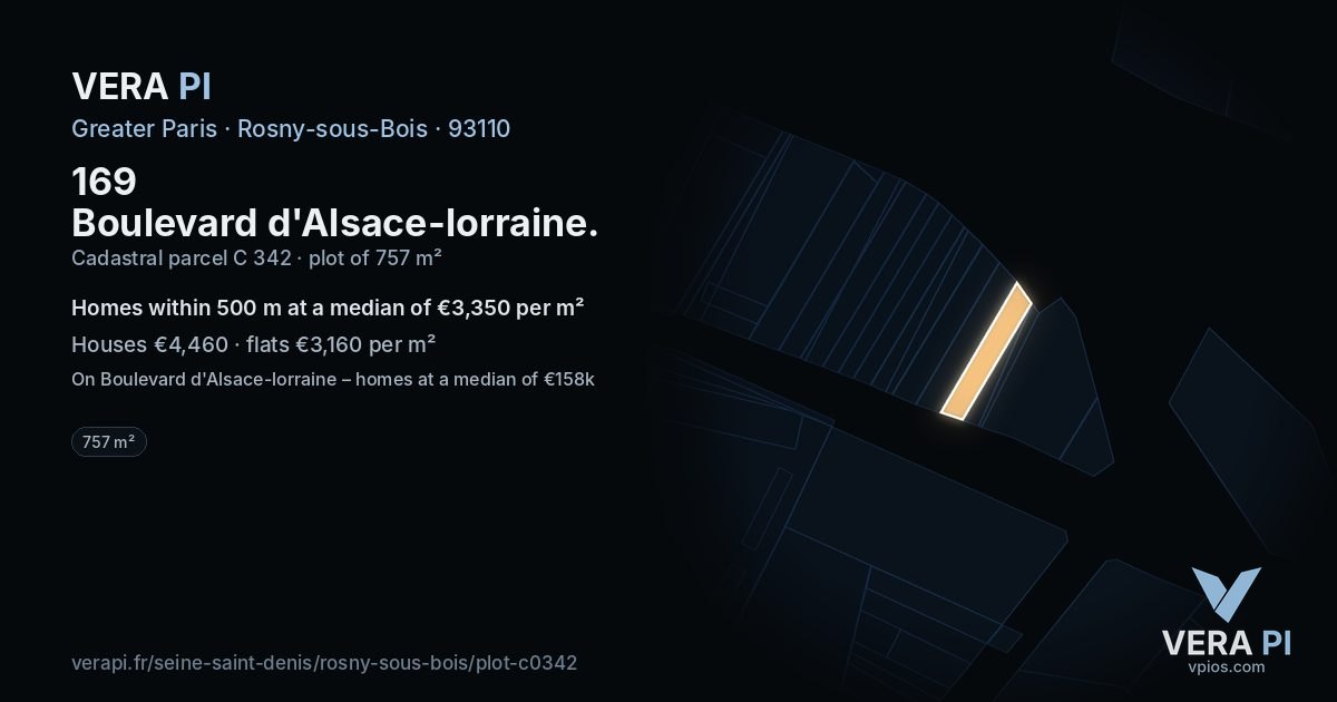 169 Boulevard d'Alsace-lorraine, Rosny-sous-Bois at night – the plot lit, the parcels around coloured by the prices near them