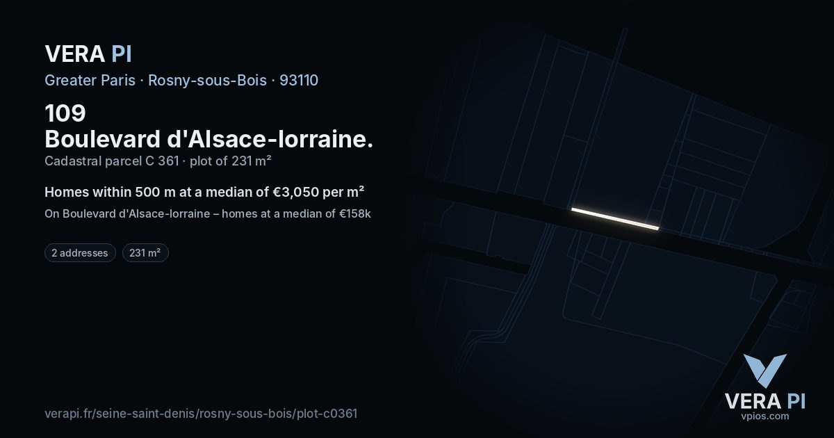 109 Boulevard d'Alsace-lorraine, Rosny-sous-Bois at night – the plot lit, the parcels around coloured by the prices near them