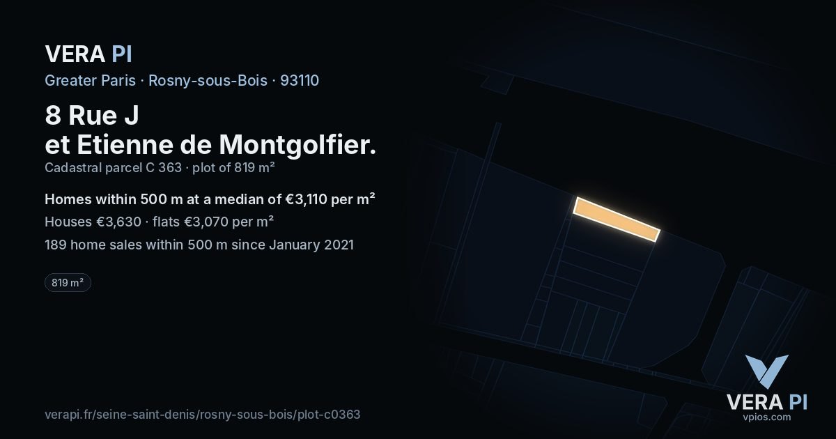 8 Rue J et Etienne de Montgolfier, Rosny-sous-Bois at night – the plot lit, the parcels around coloured by the prices near them