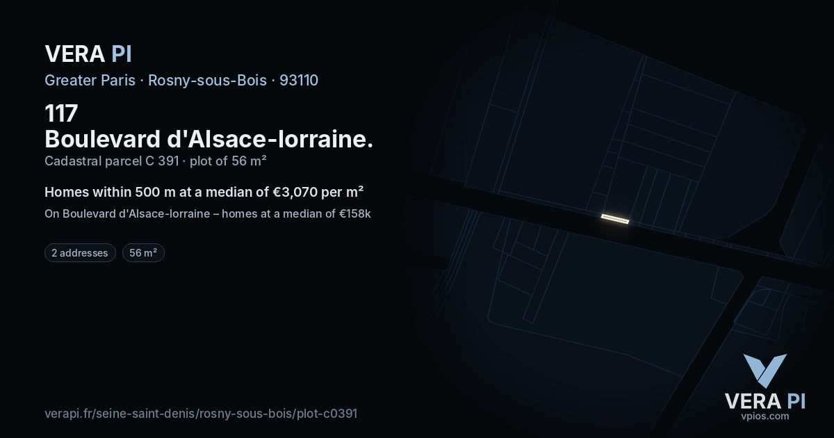 117 Boulevard d'Alsace-lorraine, Rosny-sous-Bois at night – the plot lit, the parcels around coloured by the prices near them