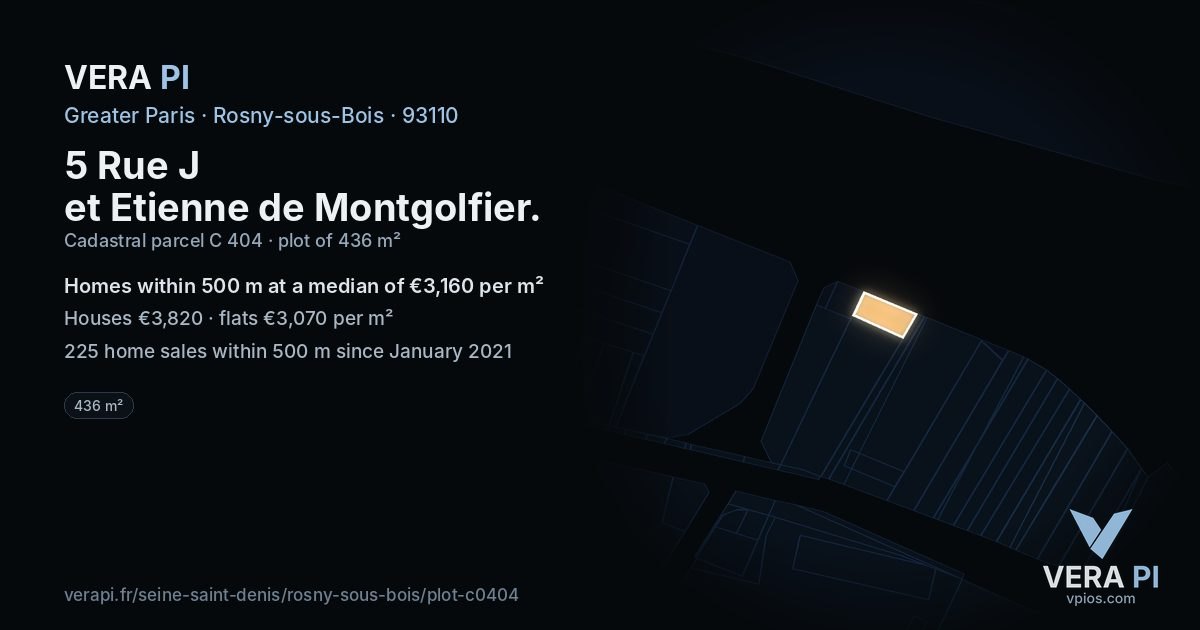 5 Rue J et Etienne de Montgolfier, Rosny-sous-Bois at night – the plot lit, the parcels around coloured by the prices near them
