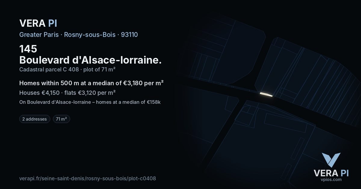 145 Boulevard d'Alsace-lorraine, Rosny-sous-Bois at night – the plot lit, the parcels around coloured by the prices near them