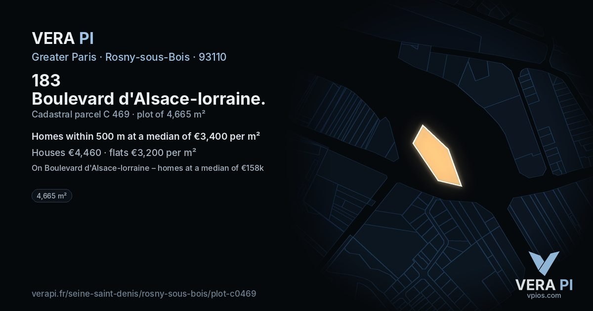 183 Boulevard d'Alsace-lorraine, Rosny-sous-Bois at night – the plot lit, the parcels around coloured by the prices near them