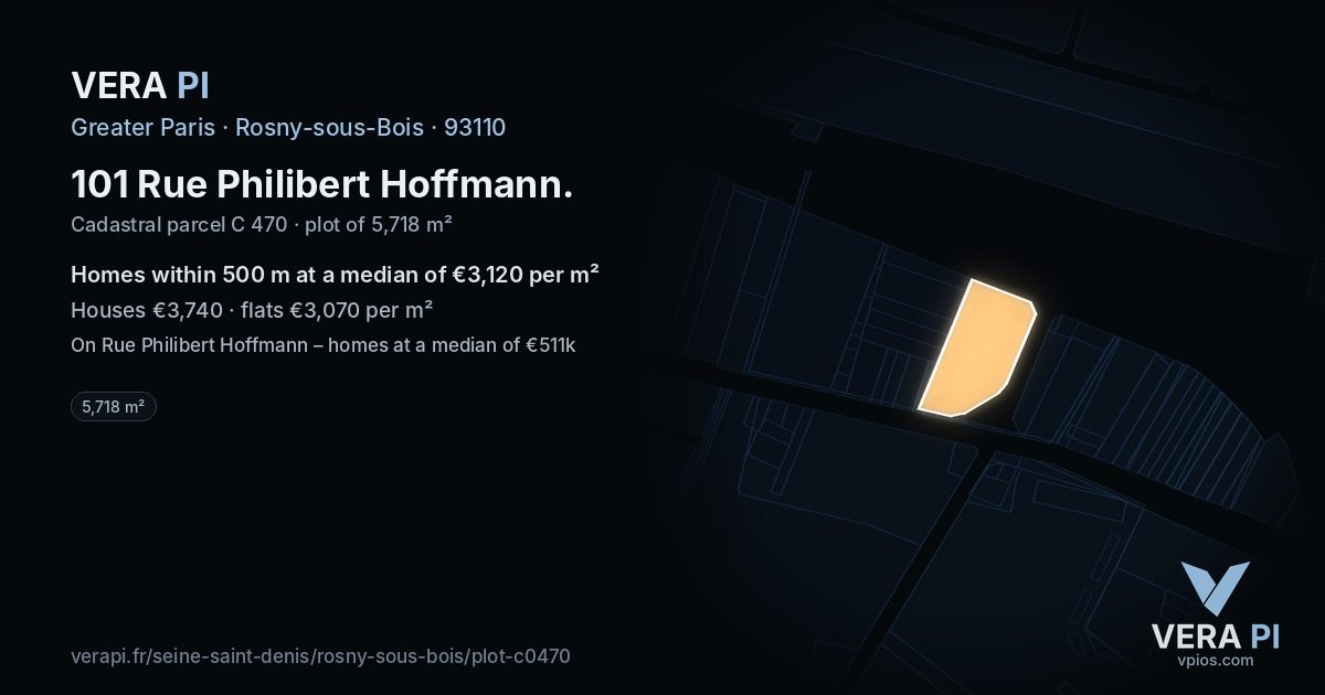 101 Rue Philibert Hoffmann, Rosny-sous-Bois at night – the plot lit, the parcels around coloured by the prices near them
