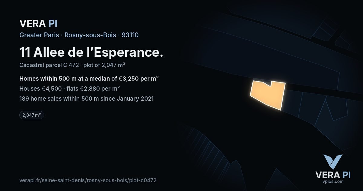 11 Allee de l’Esperance, Rosny-sous-Bois at night – the plot lit, the parcels around coloured by the prices near them
