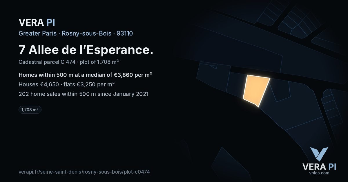 7 Allee de l’Esperance, Rosny-sous-Bois at night – the plot lit, the parcels around coloured by the prices near them