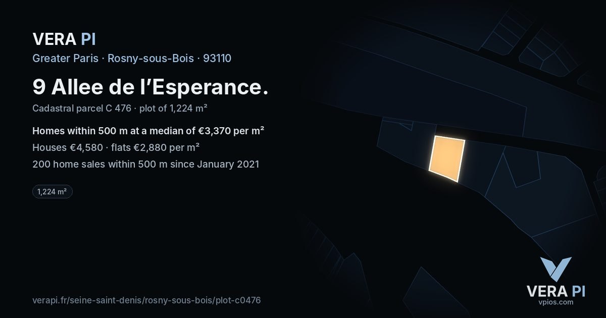 9 Allee de l’Esperance, Rosny-sous-Bois at night – the plot lit, the parcels around coloured by the prices near them