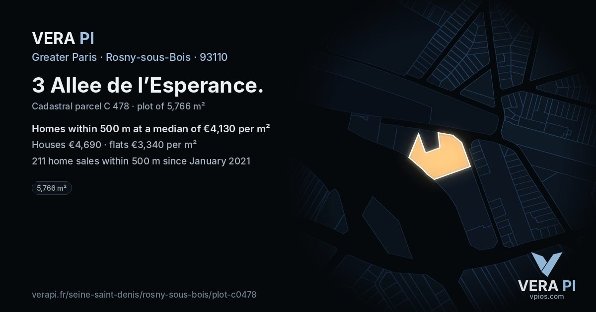 3 Allee de l’Esperance, Rosny-sous-Bois at night – the plot lit, the parcels around coloured by the prices near them