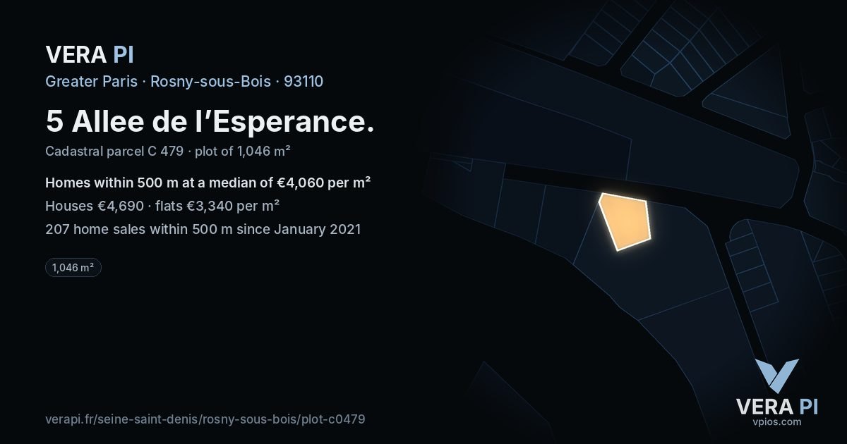 5 Allee de l’Esperance, Rosny-sous-Bois at night – the plot lit, the parcels around coloured by the prices near them