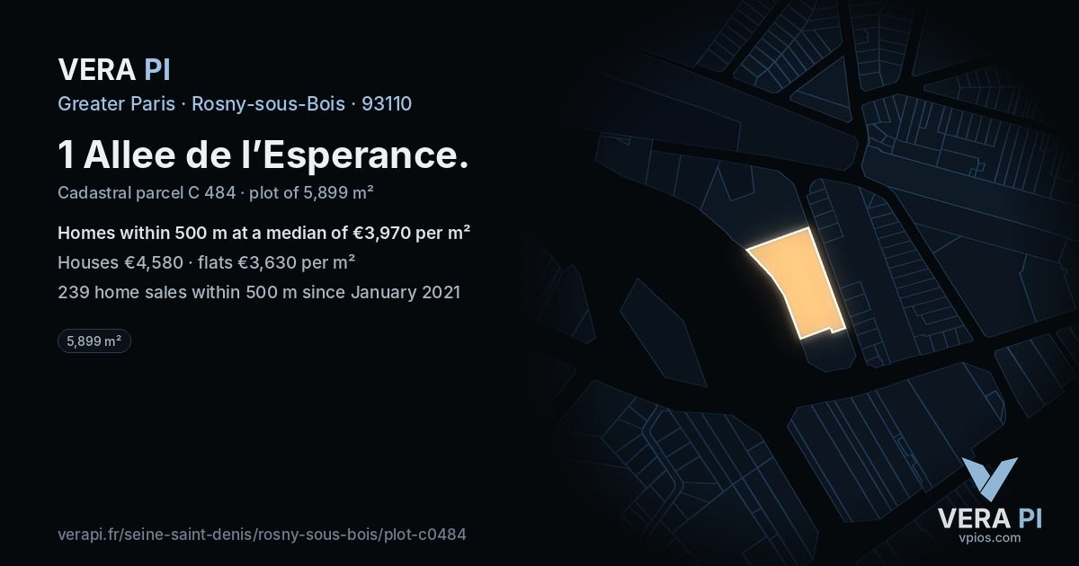 1 Allee de l’Esperance, Rosny-sous-Bois at night – the plot lit, the parcels around coloured by the prices near them