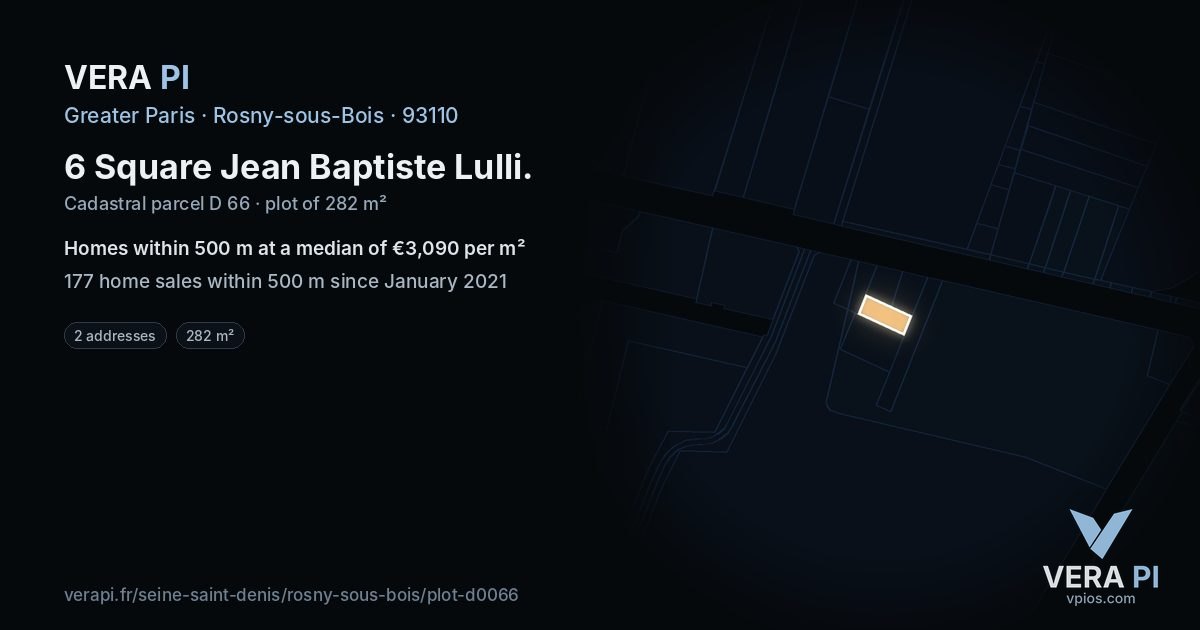 6 Square Jean Baptiste Lulli, Rosny-sous-Bois at night – the plot lit, the parcels around coloured by the prices near them