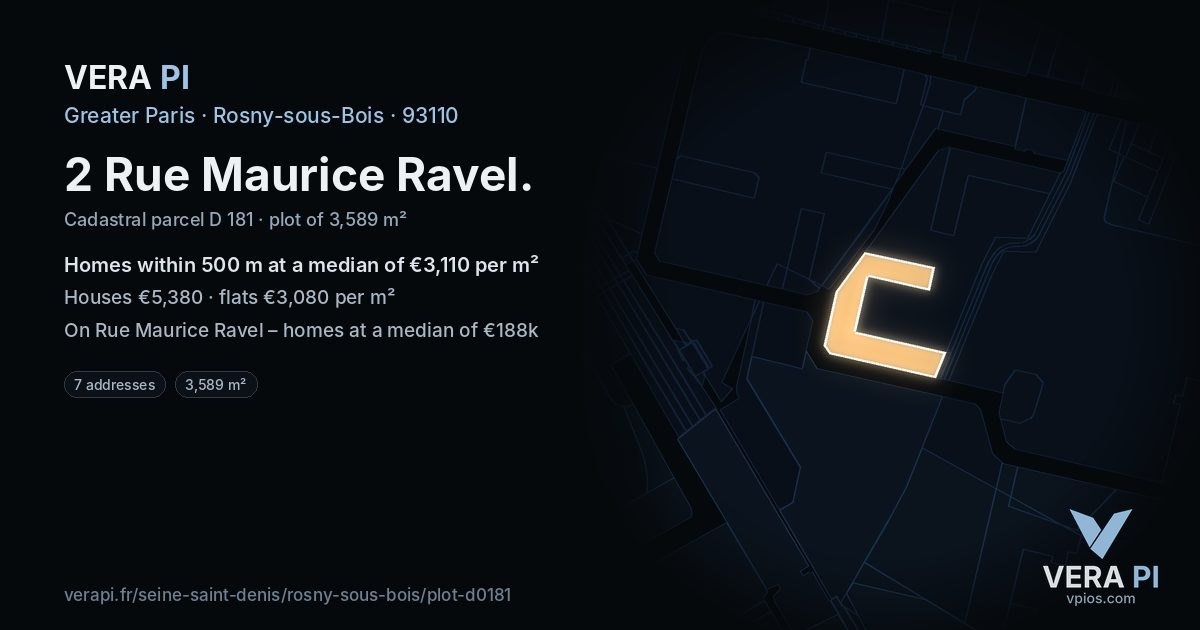2 Rue Maurice Ravel, Rosny-sous-Bois at night – the plot lit, the parcels around coloured by the prices near them