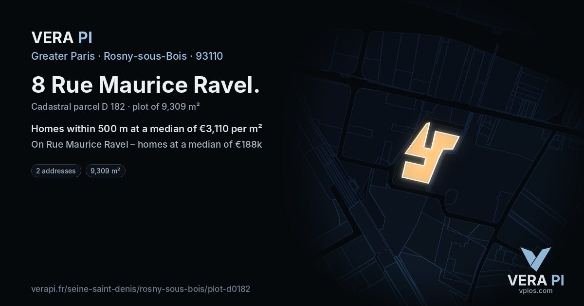 8 Rue Maurice Ravel, Rosny-sous-Bois at night – the plot lit, the parcels around coloured by the prices near them