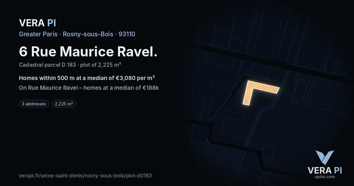 6 Rue Maurice Ravel, Rosny-sous-Bois at night – the plot lit, the parcels around coloured by the prices near them