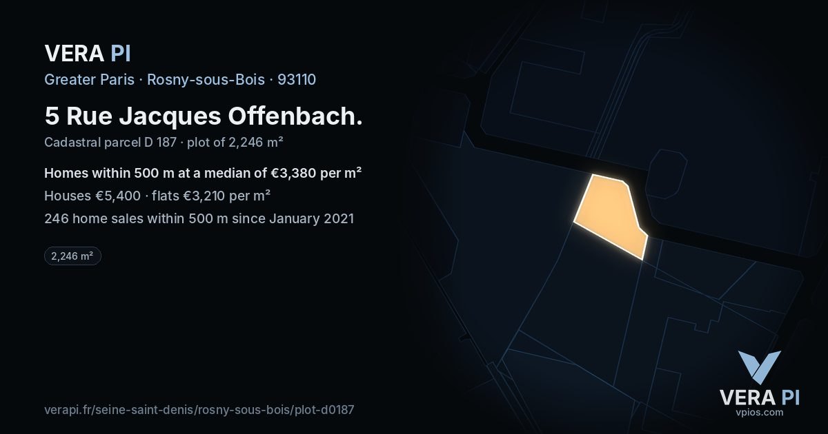 5 Rue Jacques Offenbach, Rosny-sous-Bois at night – the plot lit, the parcels around coloured by the prices near them
